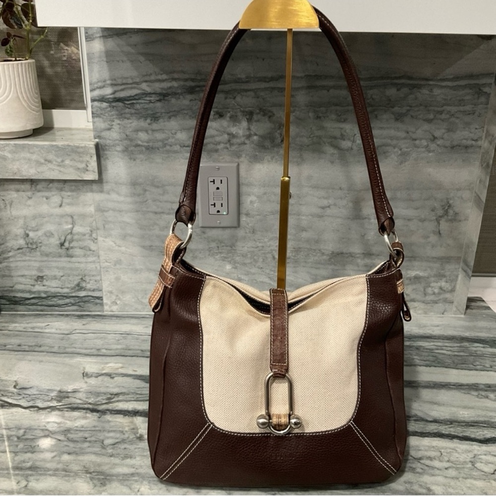 EUC Furla Canvas and  Pebble Leather Shoulder Bag Cream Brown Crossbody Bag